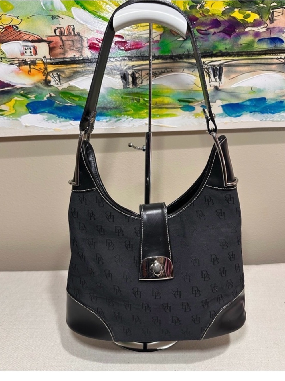 Dooney & Bourke Black Monogram Hobo Shoulder Bag in Excellent Preloved Condition